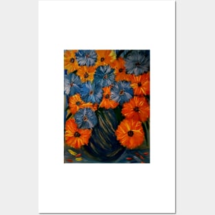 blue and orange abtsract flowers. Posters and Art